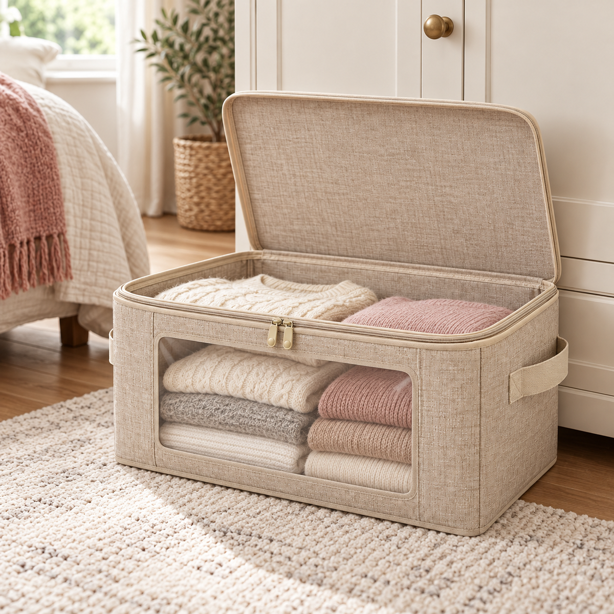 Oatmeal Windowed Clothes Storage Bag, Large in a bedroom setting