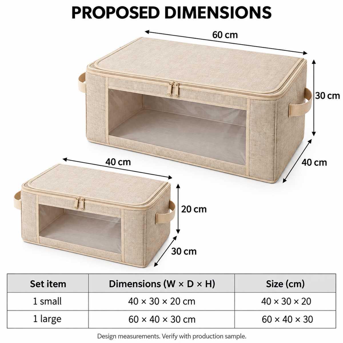 Oatmeal Windowed Storage Bags, Mixed Size 2-Pack with proposed dimensions