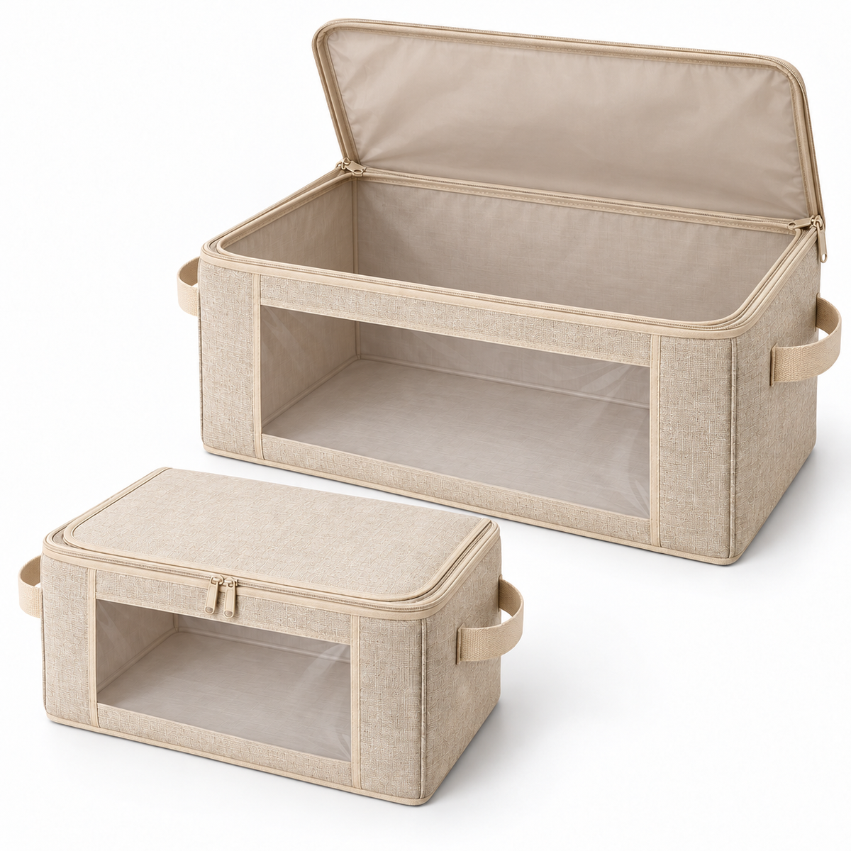 Oatmeal Windowed Storage Bags, Mixed Size 2-Pack showing two separate bags in two sizes