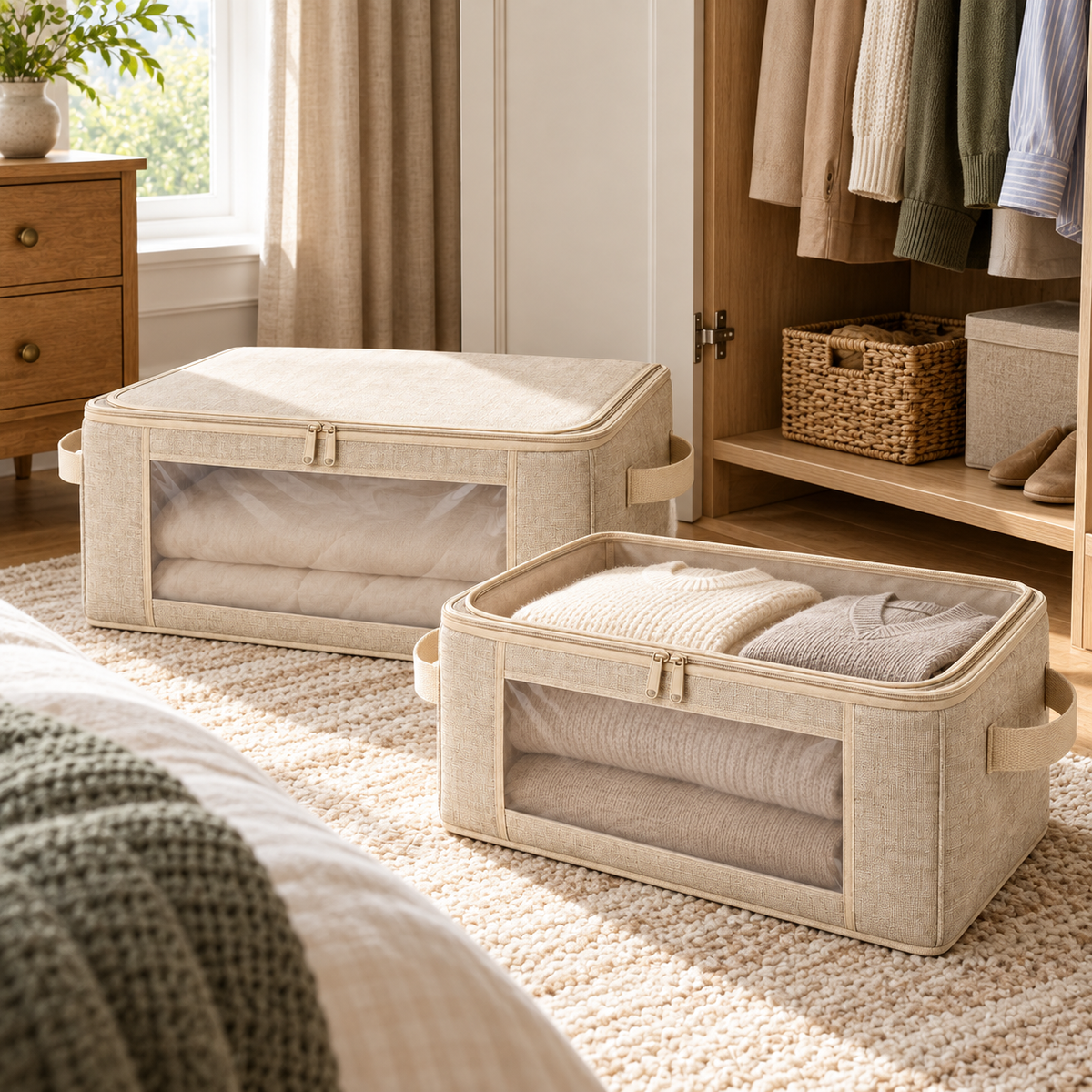 Oatmeal Windowed Storage Bags, Mixed Size 2-Pack in a bedroom setting