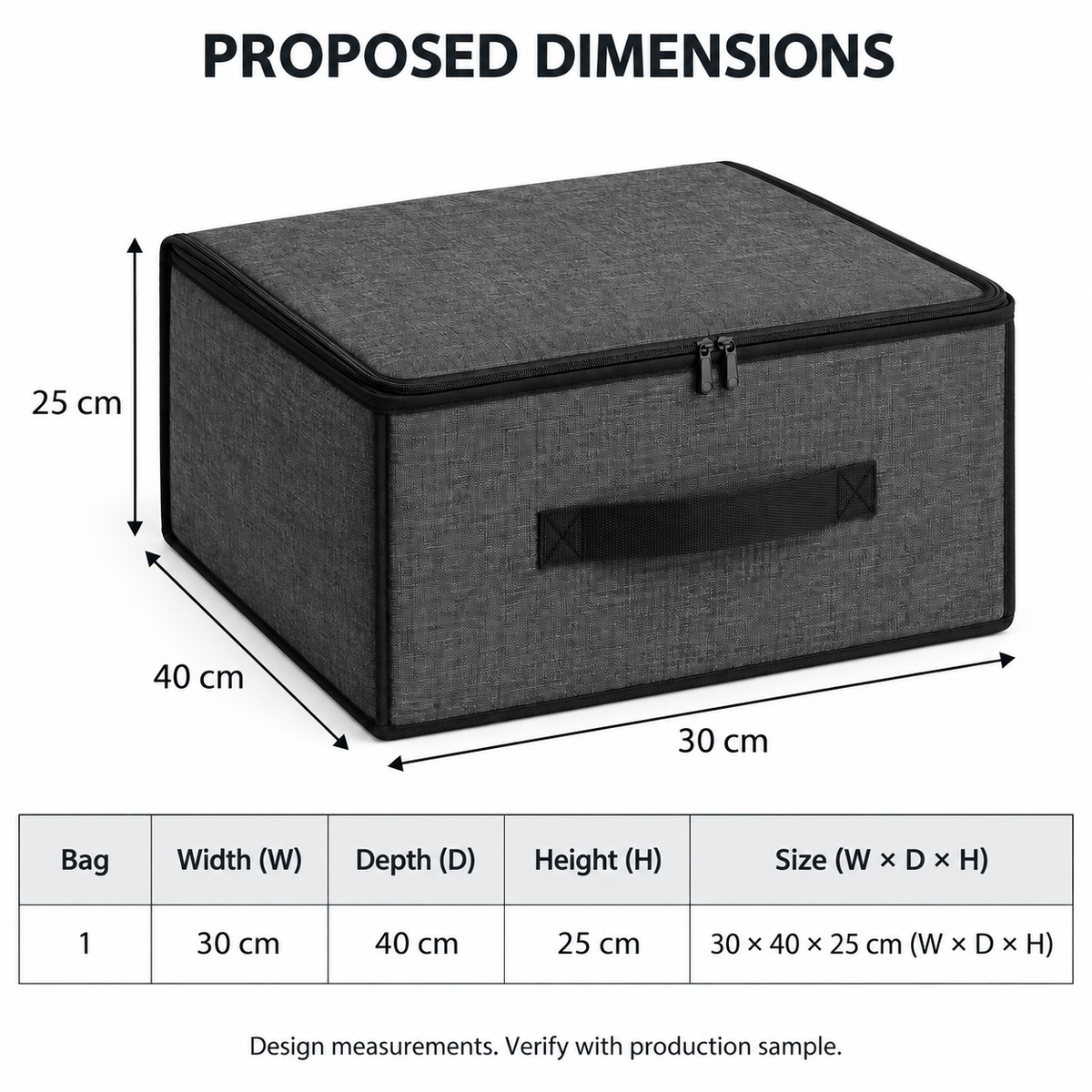Charcoal Structured Wardrobe Storage Bag, Narrow with proposed dimensions