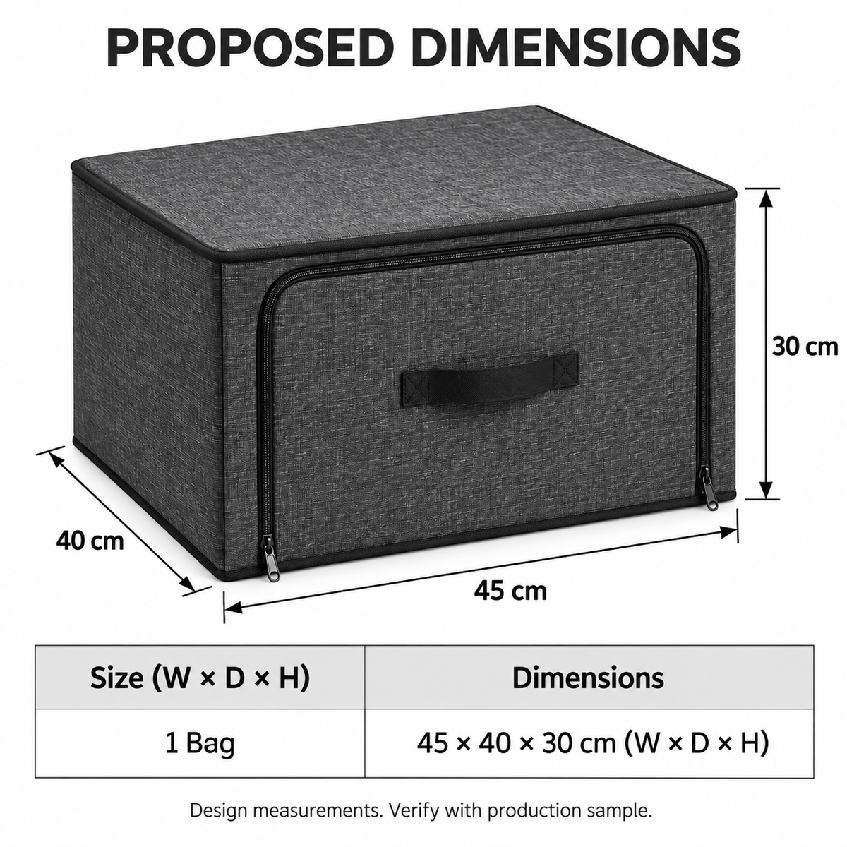 Charcoal Front-Opening Wardrobe Storage Bag with proposed dimensions