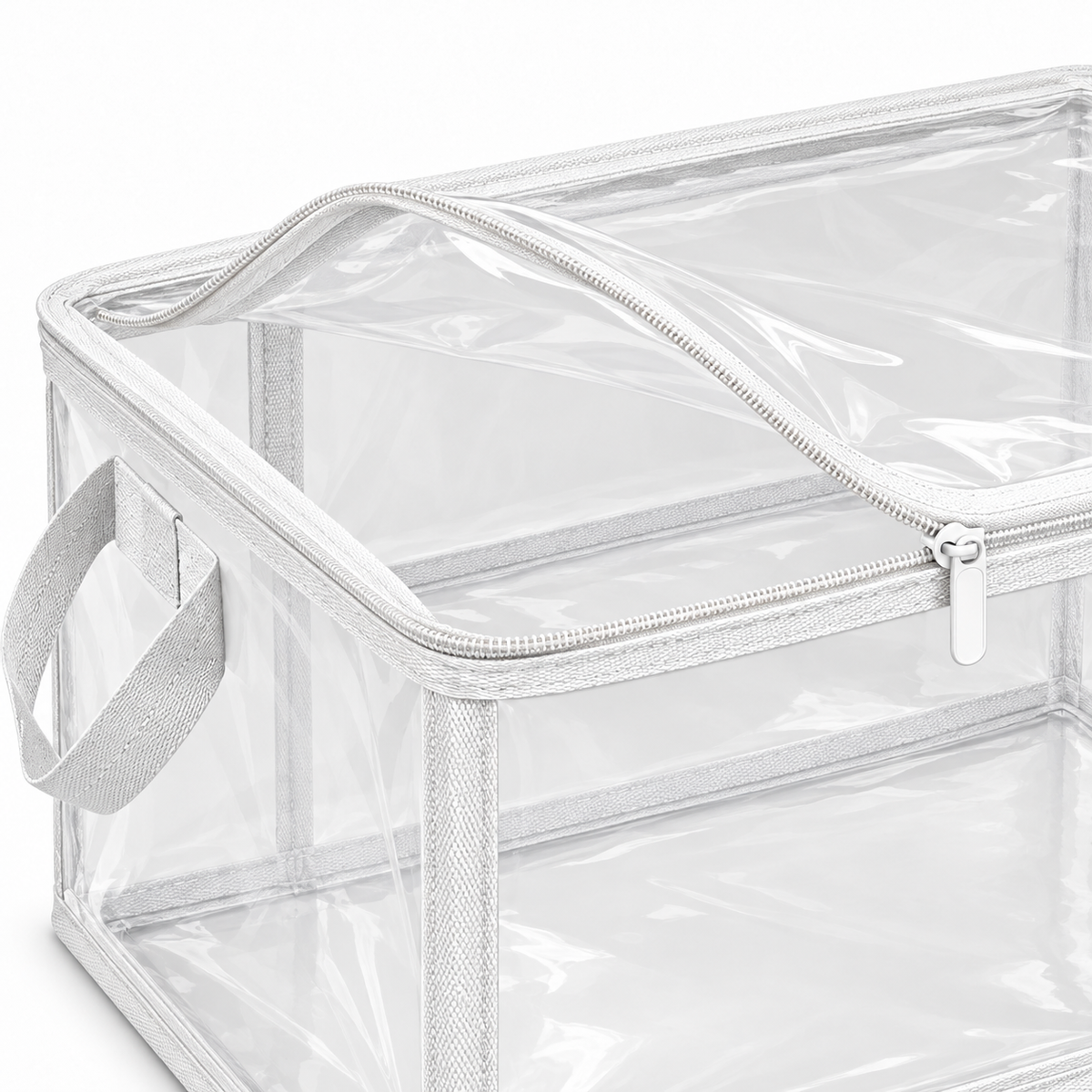 Clear White-Trim Clothes Storage Bag, Medium showing zipped transparent top opening