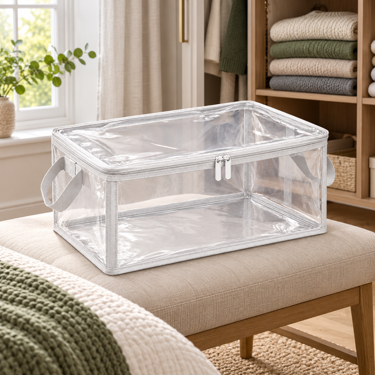 Clear White-Trim Clothes Storage Bag, Medium in a bedroom setting