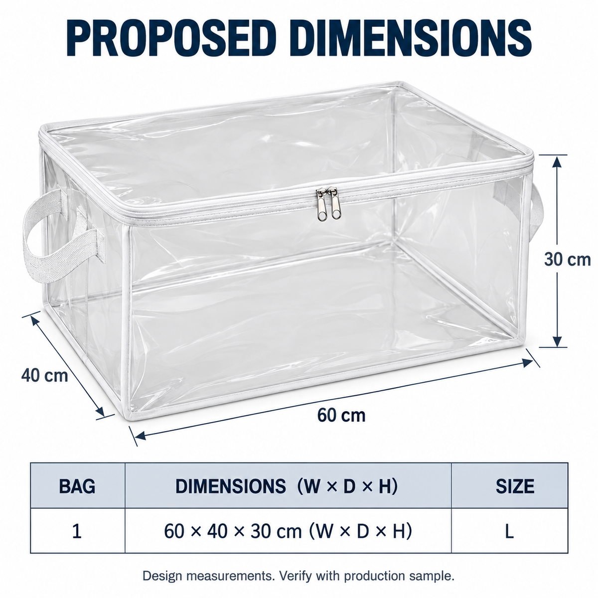 Clear White-Trim Clothes Storage Bag, Large with proposed dimensions