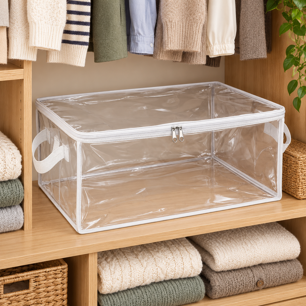 Clear White-Trim Clothes Storage Bag, Large in a wardrobe setting