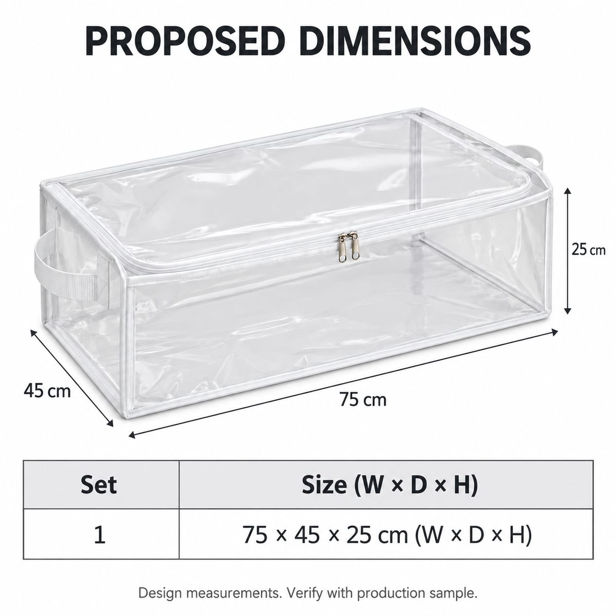 Clear White-Trim Bedding Storage Bag, Long with proposed dimensions