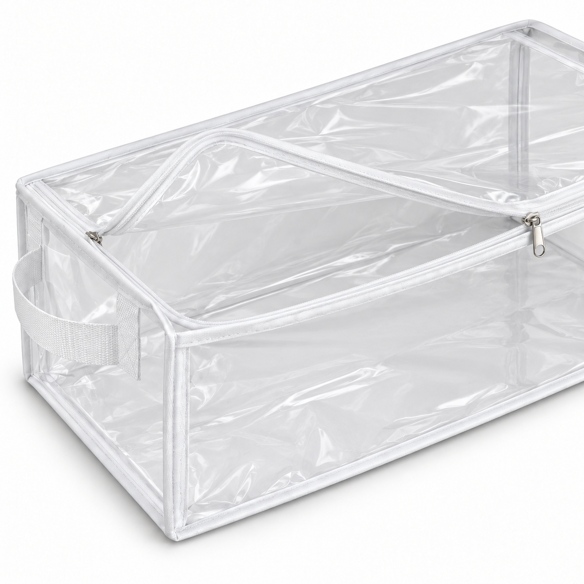 Clear White-Trim Bedding Storage Bag, Long showing long low shape with zipped top access