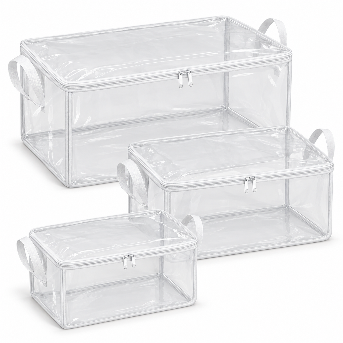 Clear White-Trim Storage Bags, Mixed Size 3-Pack on a white background