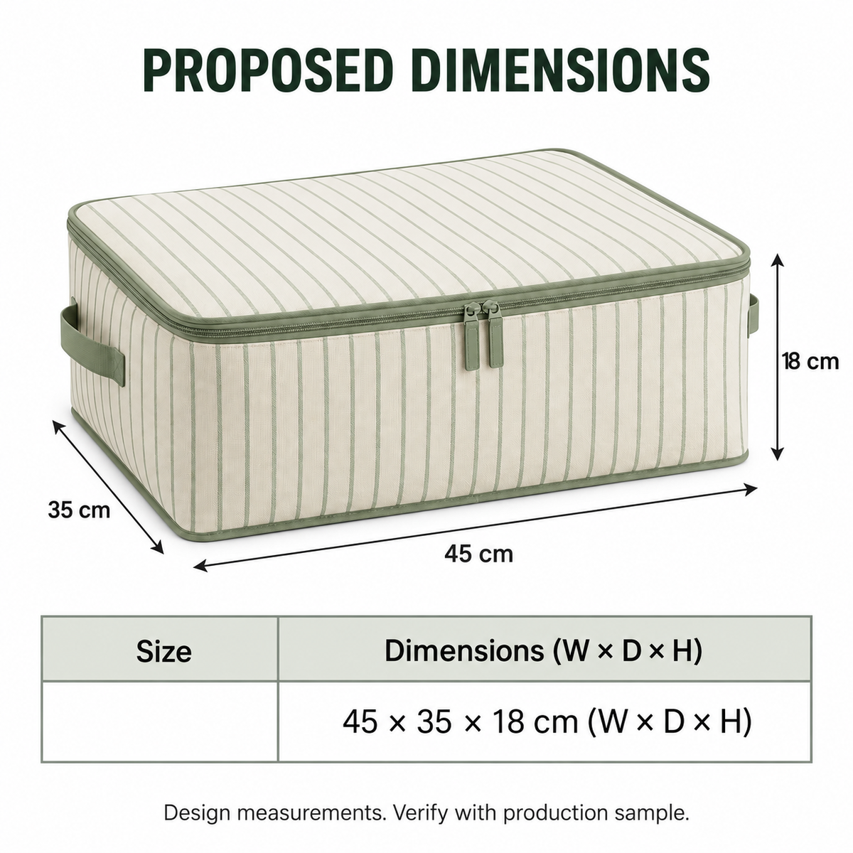 Sage Stripe Wardrobe Storage Bag, Low Profile with proposed dimensions