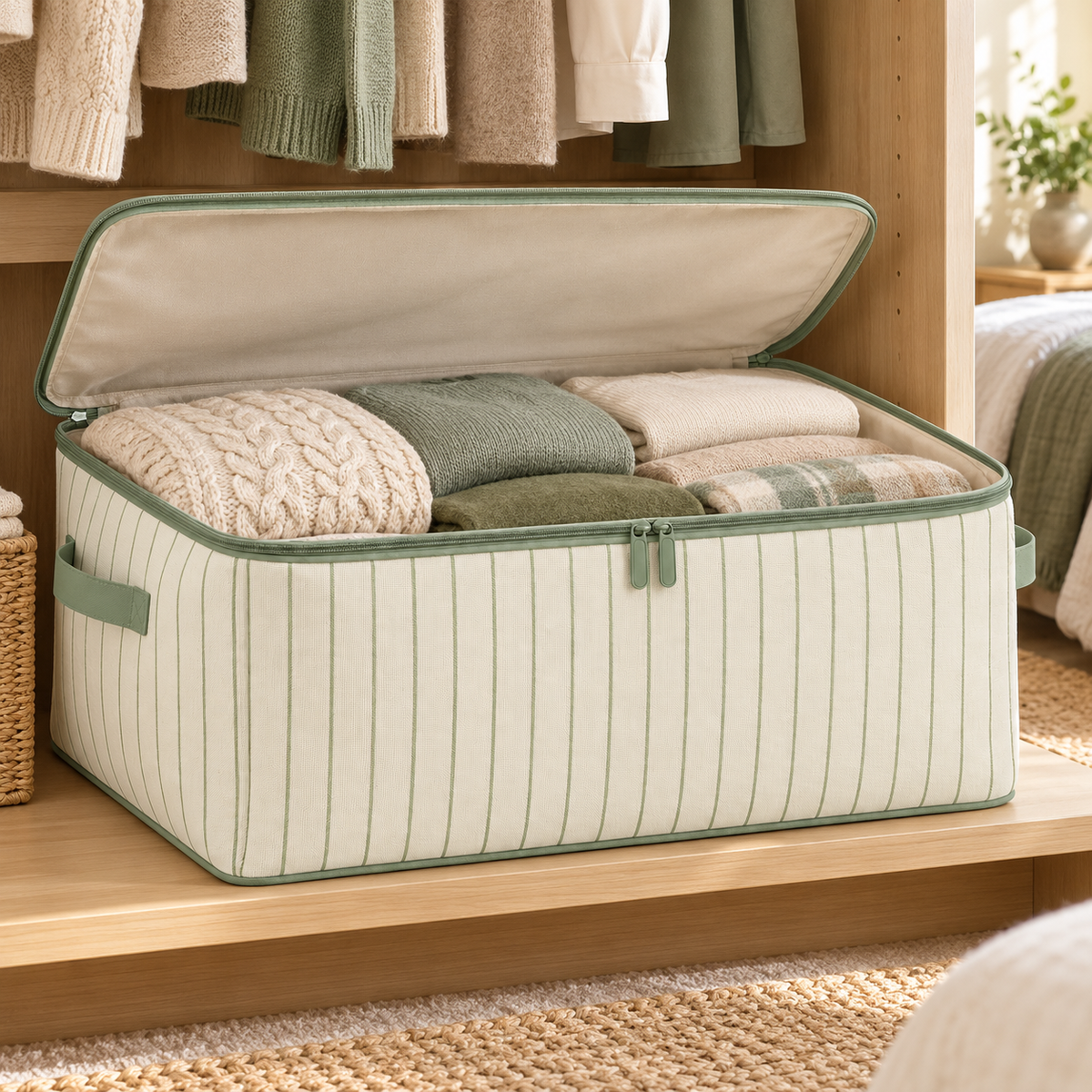 Sage Stripe Seasonal Clothes Storage Bag, Wide in a wardrobe setting