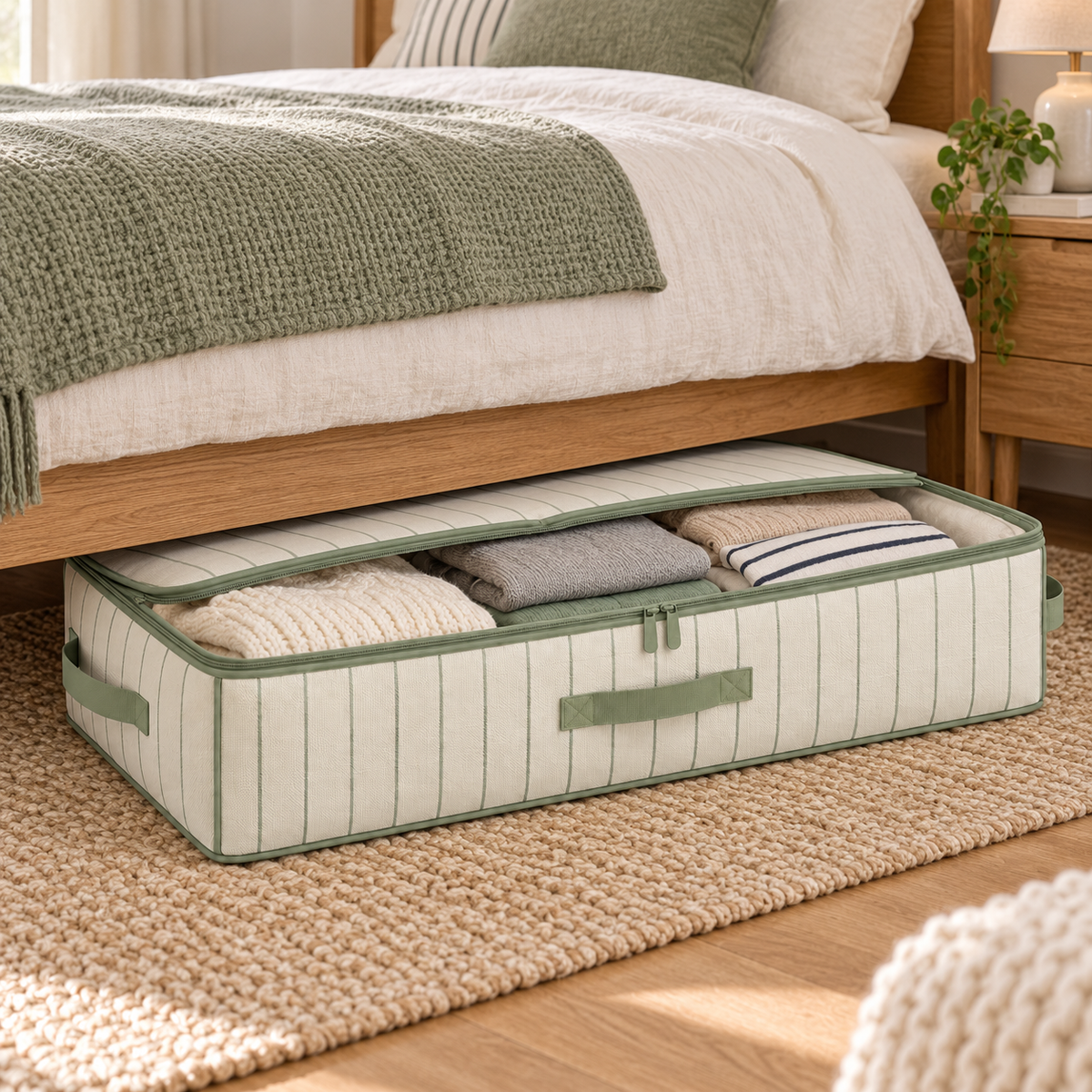 Sage Stripe Underbed Clothes Storage Bag in a wardrobe setting