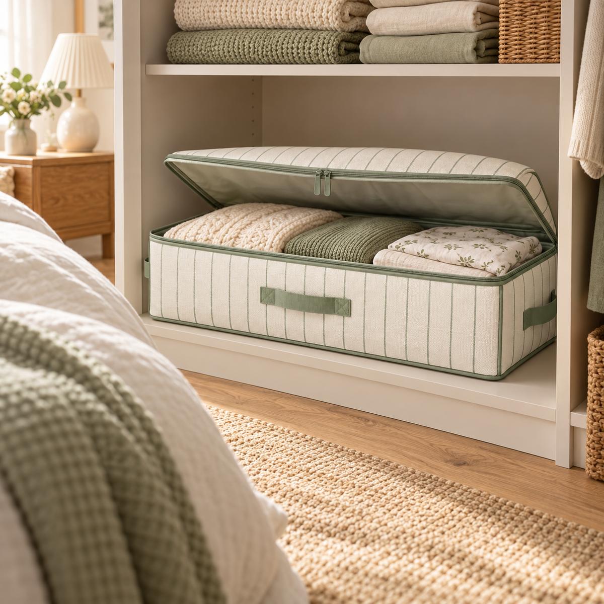 Sage Stripe Underbed Clothes Storage Bag in a bedroom setting