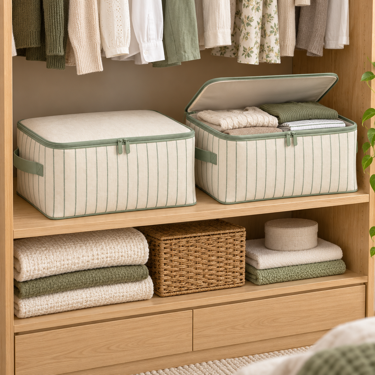 Sage Stripe Clothes Storage Bags, Matching 2-Pack in a wardrobe setting