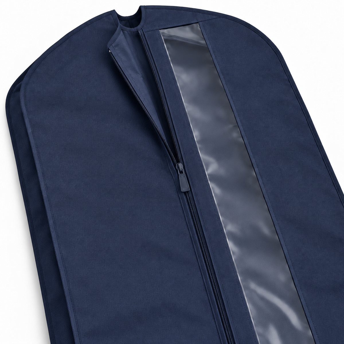 Navy Windowed Garment Cover, Short showing front zip and vertical viewing window