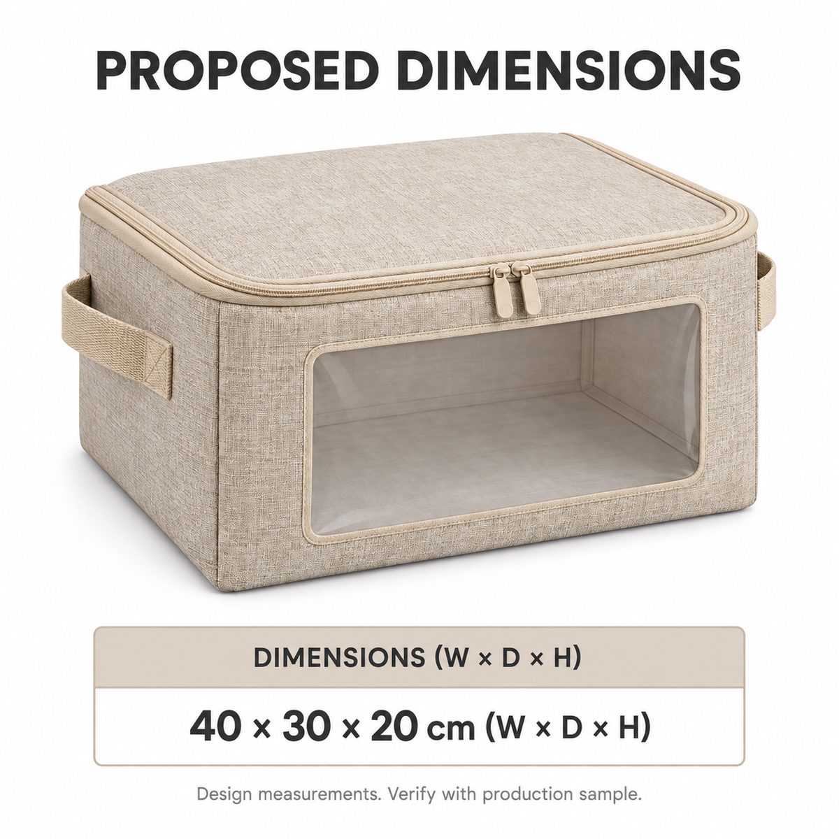 Oatmeal Windowed Clothes Storage Bag, Small with proposed dimensions