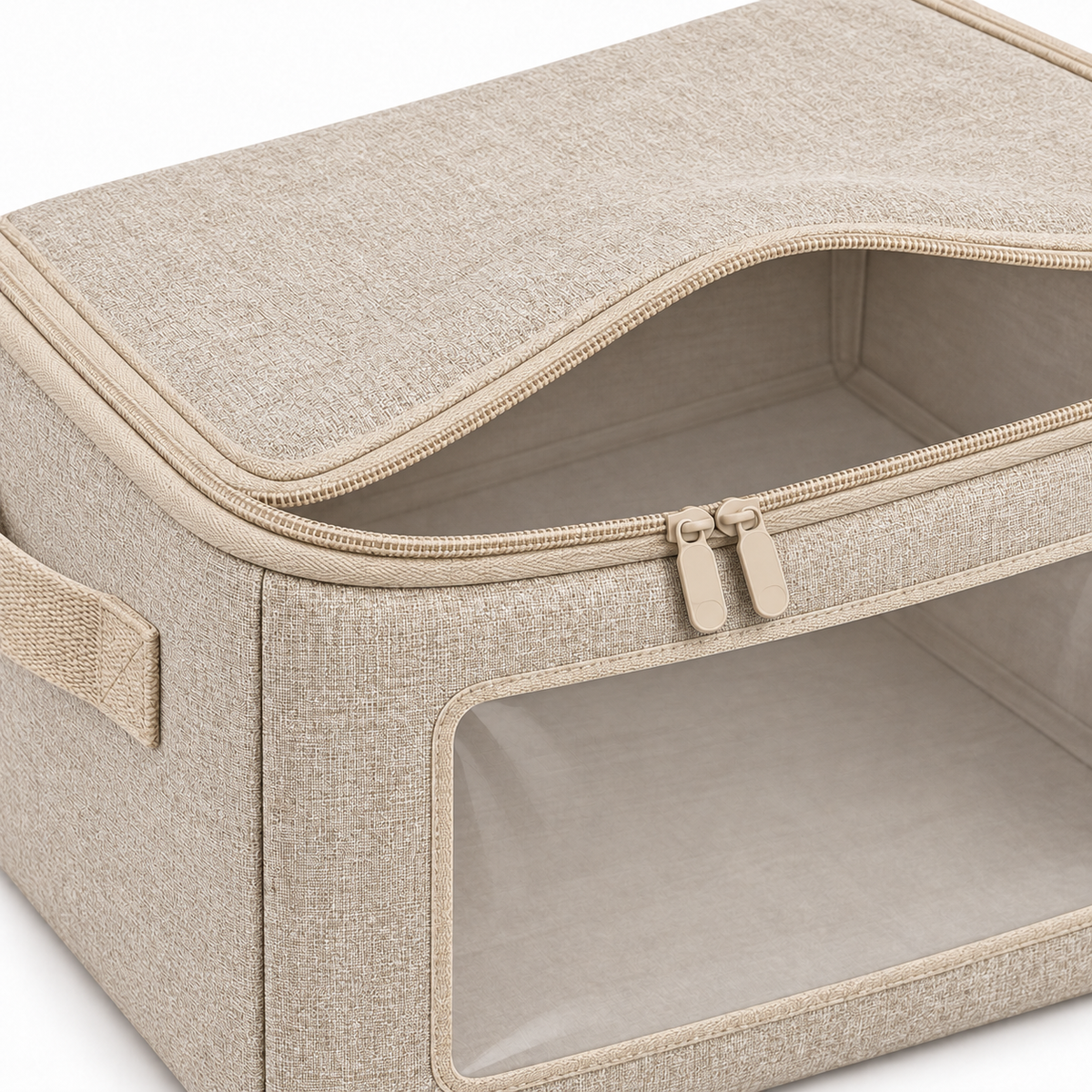 Oatmeal Windowed Clothes Storage Bag, Small showing top opening with twin zip sliders