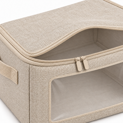 Oatmeal Windowed Clothes Storage Bag, Small showing top opening with twin zip sliders