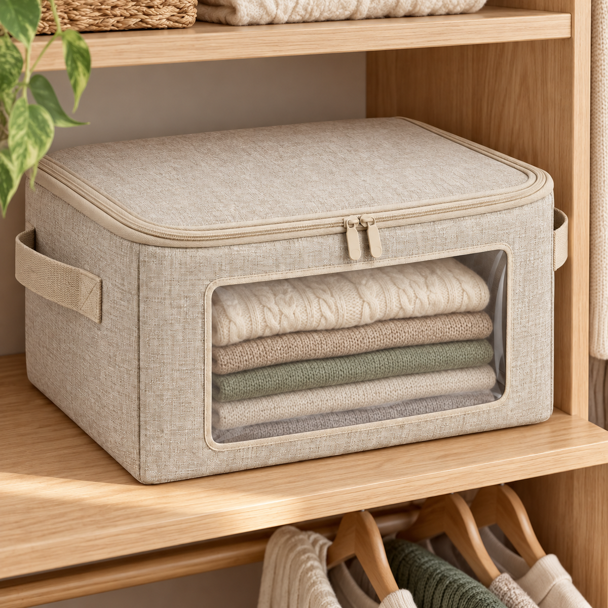 Oatmeal Windowed Clothes Storage Bag, Small in a wardrobe setting