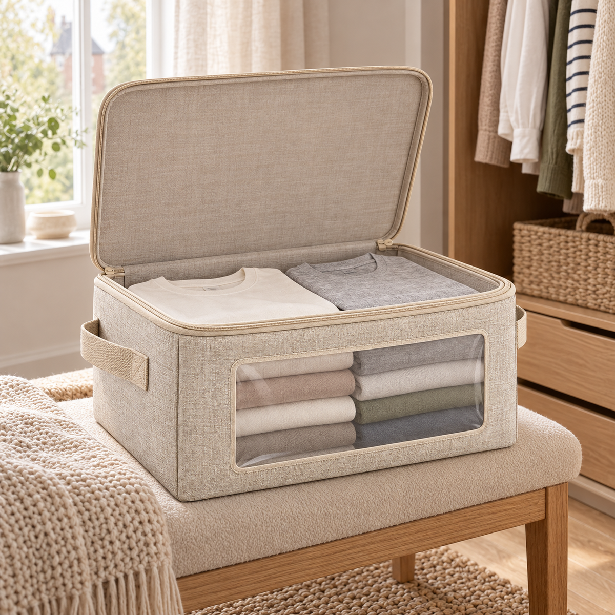 Oatmeal Windowed Clothes Storage Bag, Small in a bedroom setting