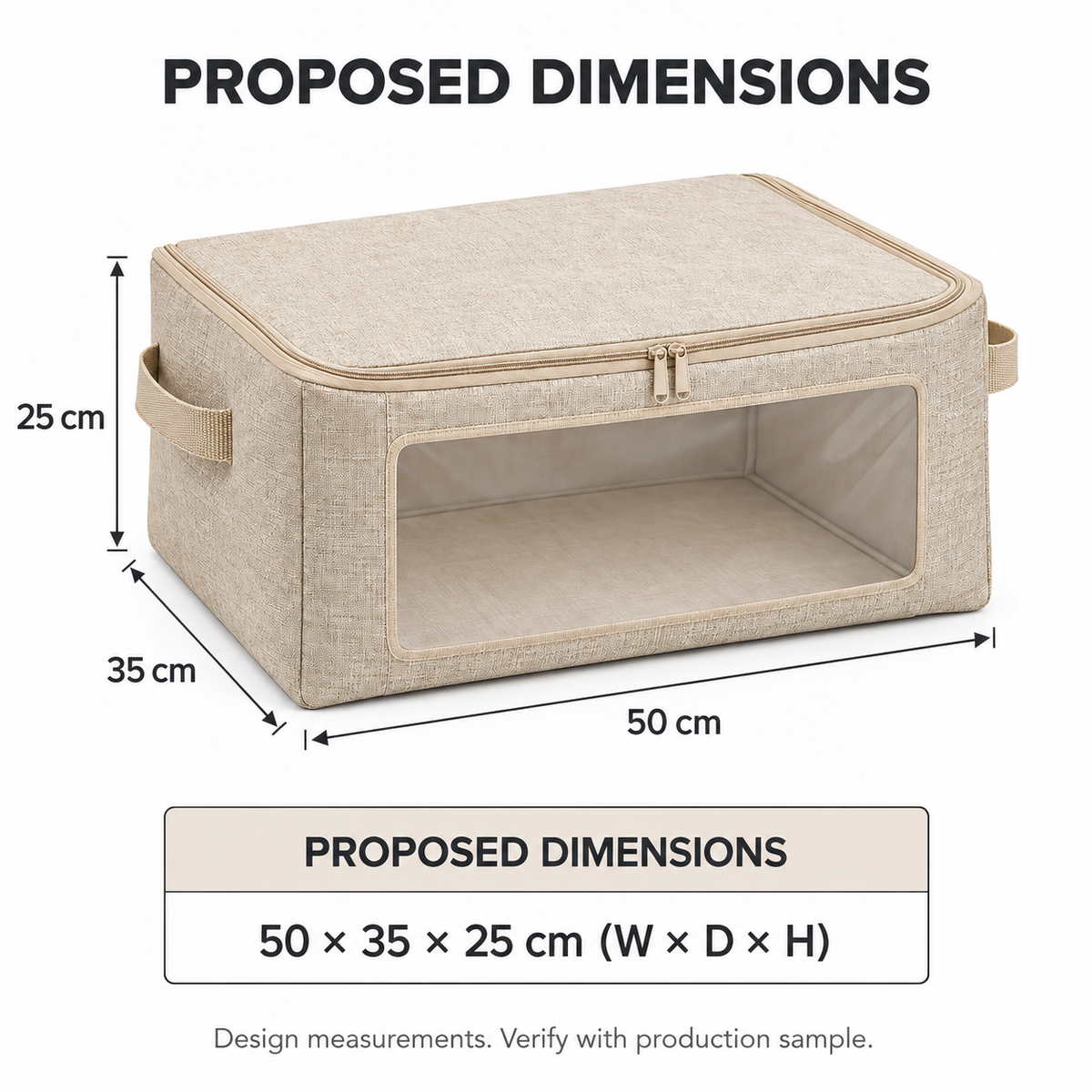 Oatmeal Windowed Clothes Storage Bag, Medium with proposed dimensions
