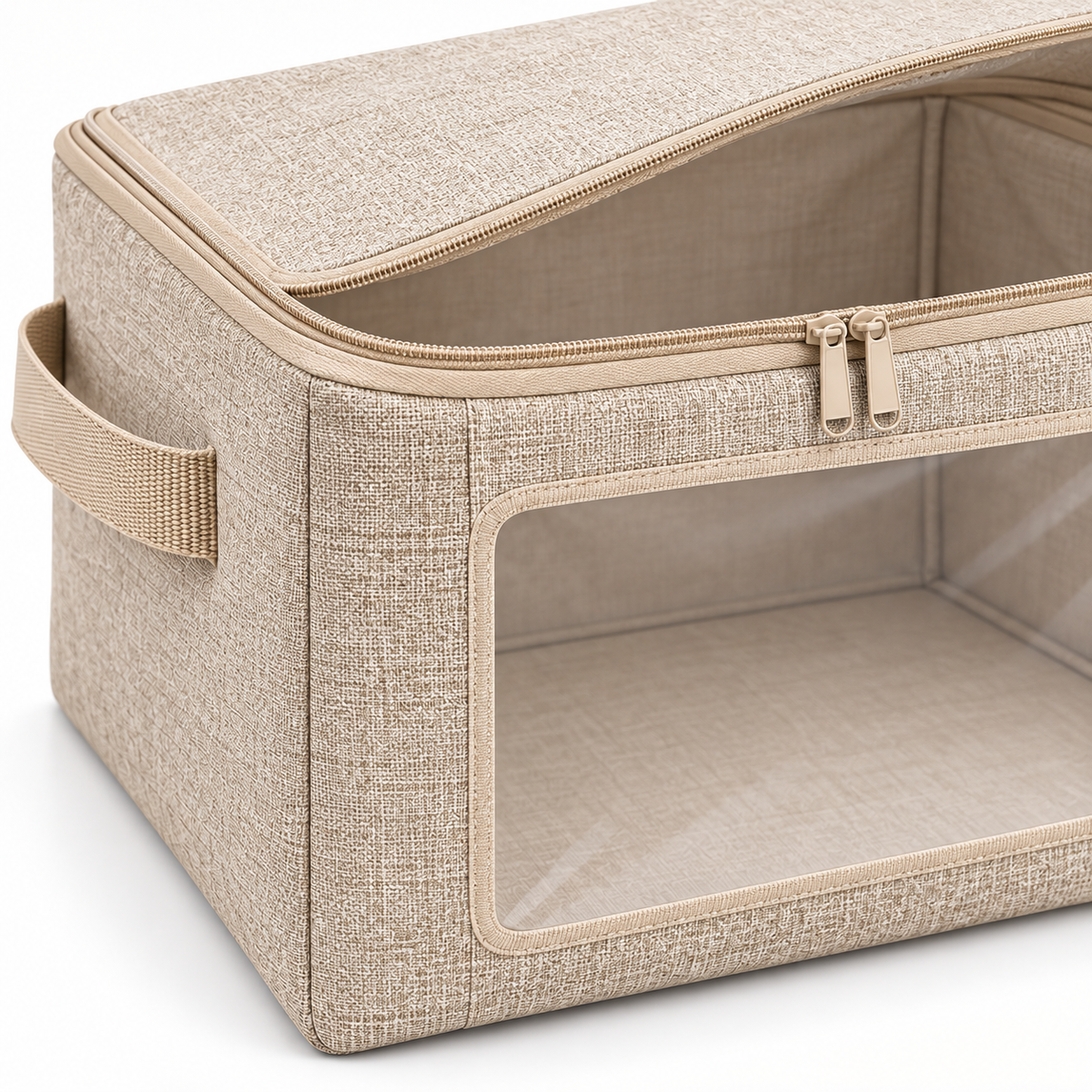 Oatmeal Windowed Clothes Storage Bag, Medium showing front window and side handles