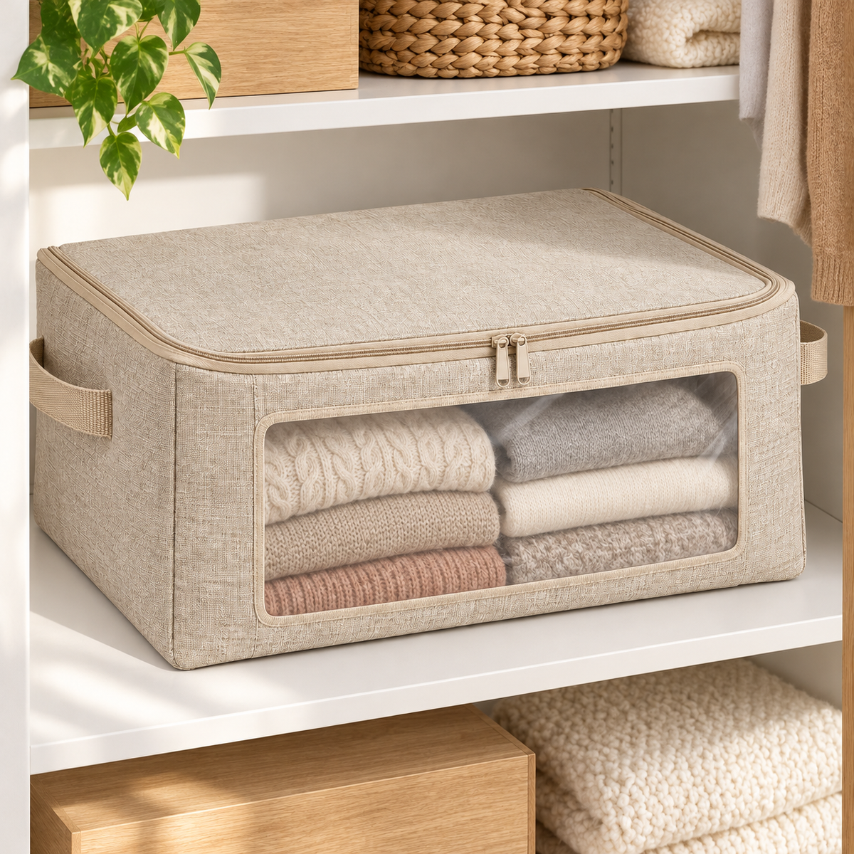 Oatmeal Windowed Clothes Storage Bag, Medium in a wardrobe setting