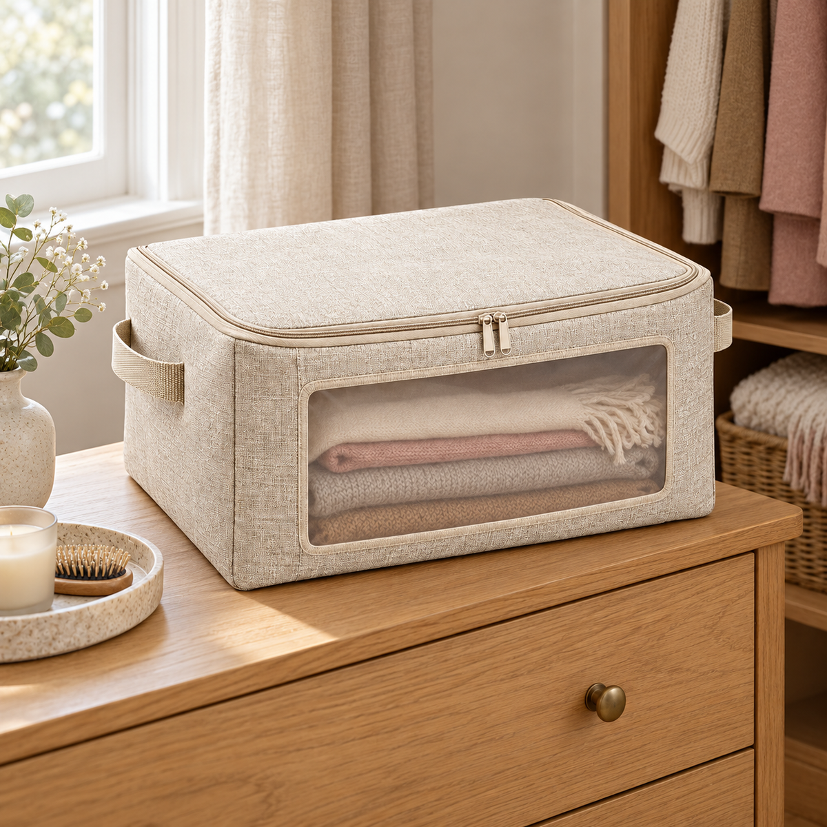 Oatmeal Windowed Clothes Storage Bag, Medium in a bedroom setting