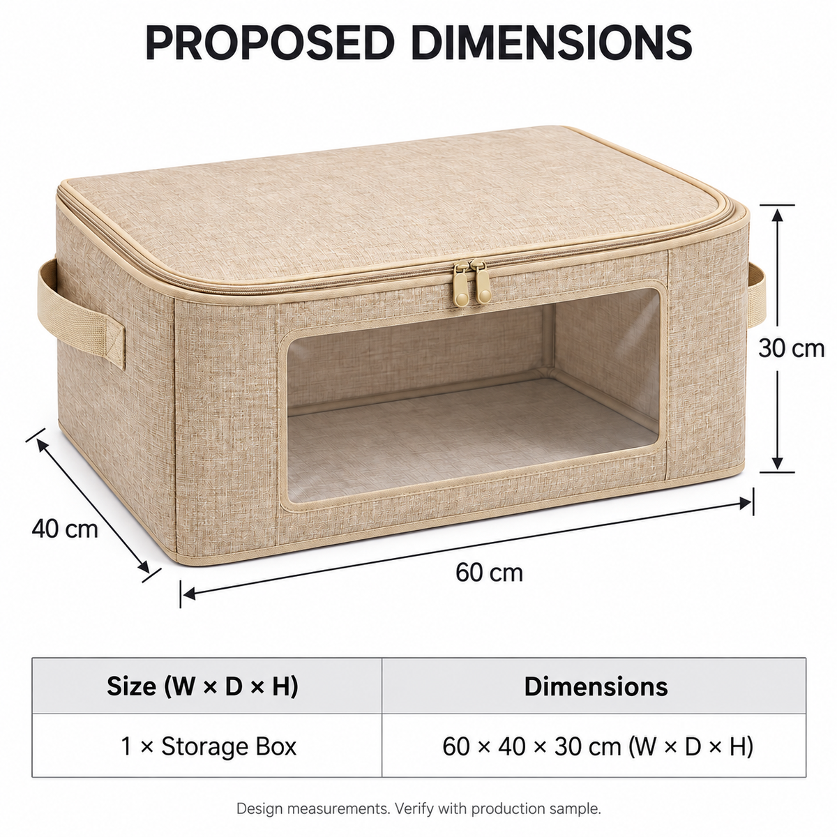 Oatmeal Windowed Clothes Storage Bag, Large with proposed dimensions