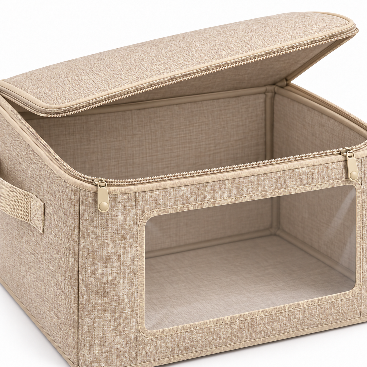 Oatmeal Windowed Clothes Storage Bag, Large showing wide zipped top opening