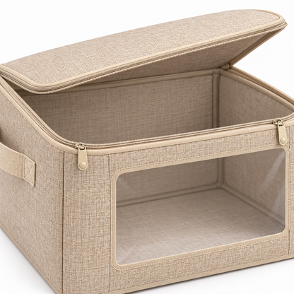 Oatmeal Windowed Clothes Storage Bag, Large showing wide zipped top opening