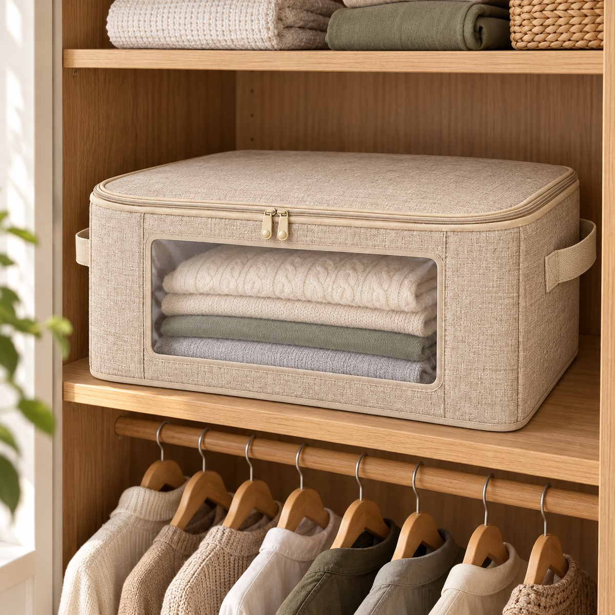 Oatmeal Windowed Clothes Storage Bag, Large in a wardrobe setting