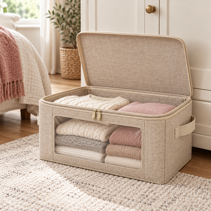 Oatmeal Windowed Clothes Storage Bag, Large in a bedroom setting