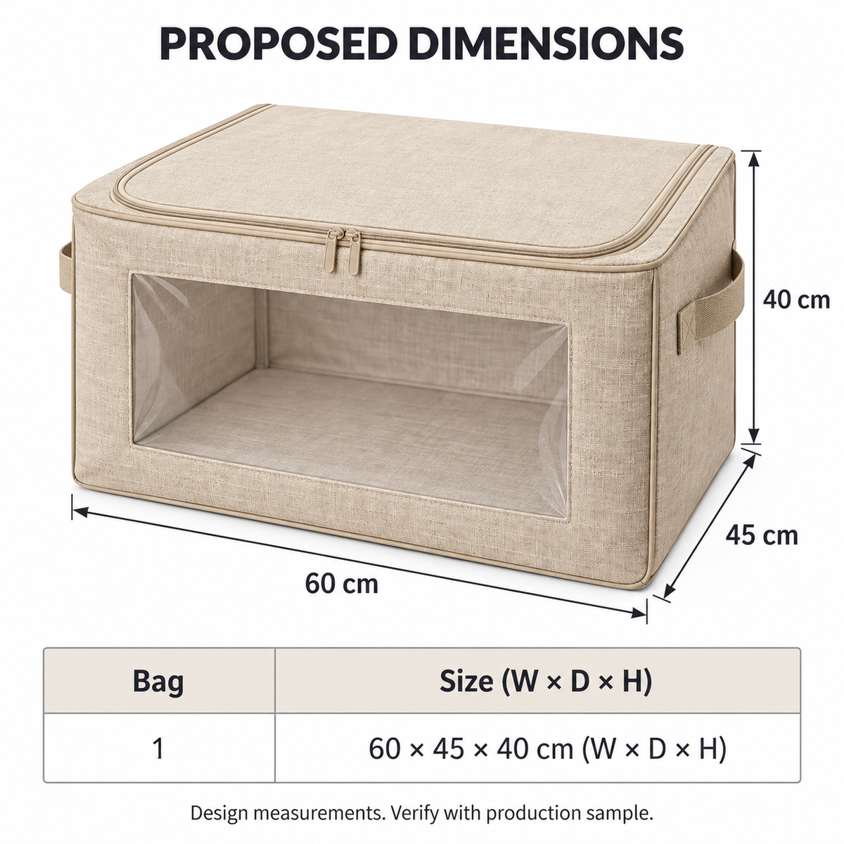 Oatmeal Windowed Bedding Storage Bag, Deep with proposed dimensions