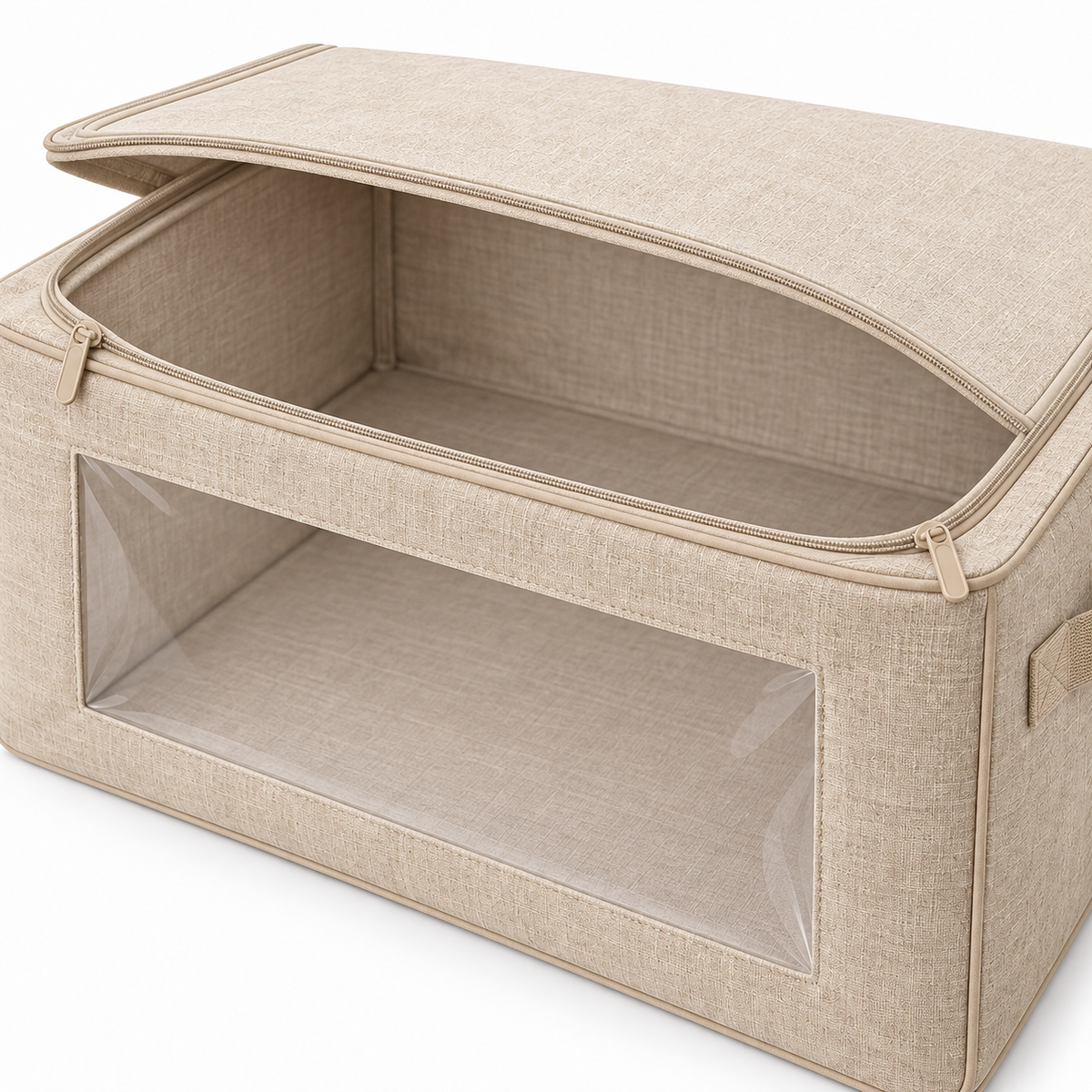 Oatmeal Windowed Bedding Storage Bag, Deep showing deep interior for folded bedding