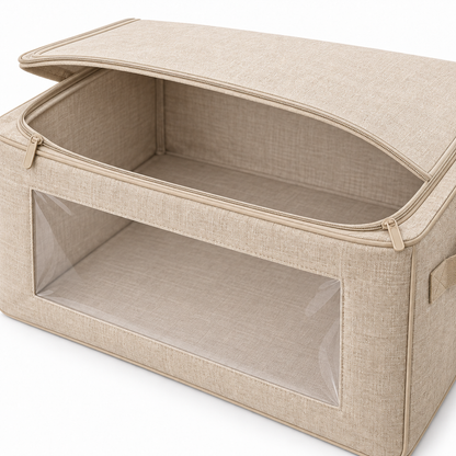 Oatmeal Windowed Bedding Storage Bag, Deep showing deep interior for folded bedding