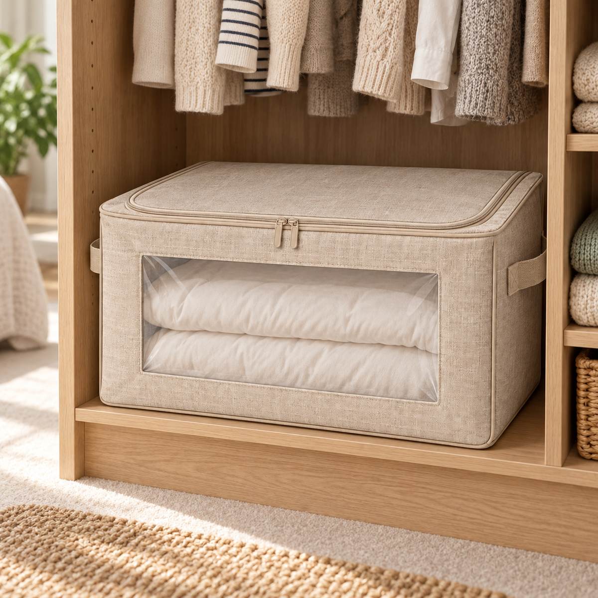 Oatmeal Windowed Bedding Storage Bag, Deep in a wardrobe setting