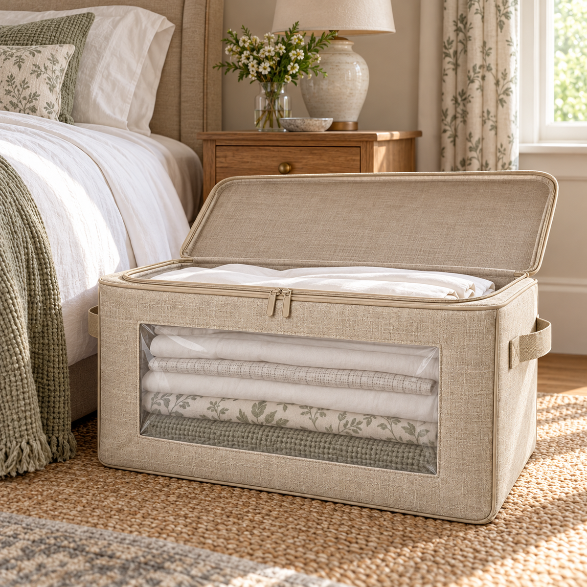Oatmeal Windowed Bedding Storage Bag, Deep in a bedroom setting
