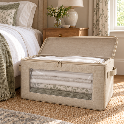 Oatmeal Windowed Bedding Storage Bag, Deep in a bedroom setting