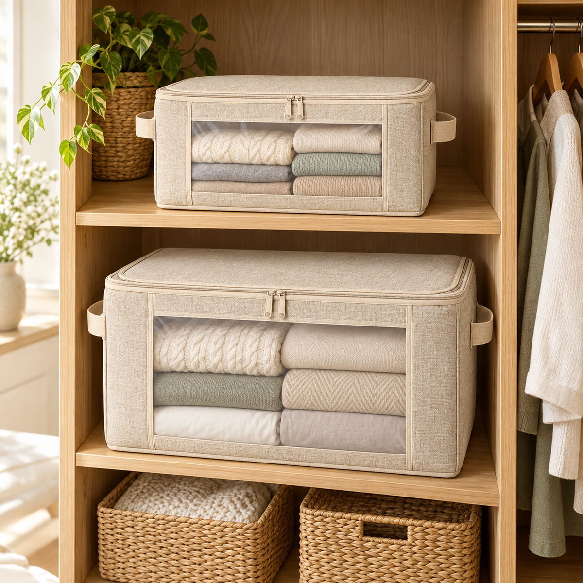Oatmeal Windowed Storage Bags, Mixed Size 2-Pack in a wardrobe setting