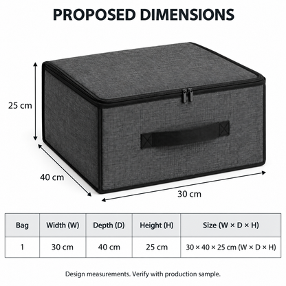 Charcoal Structured Wardrobe Storage Bag, Narrow with proposed dimensions