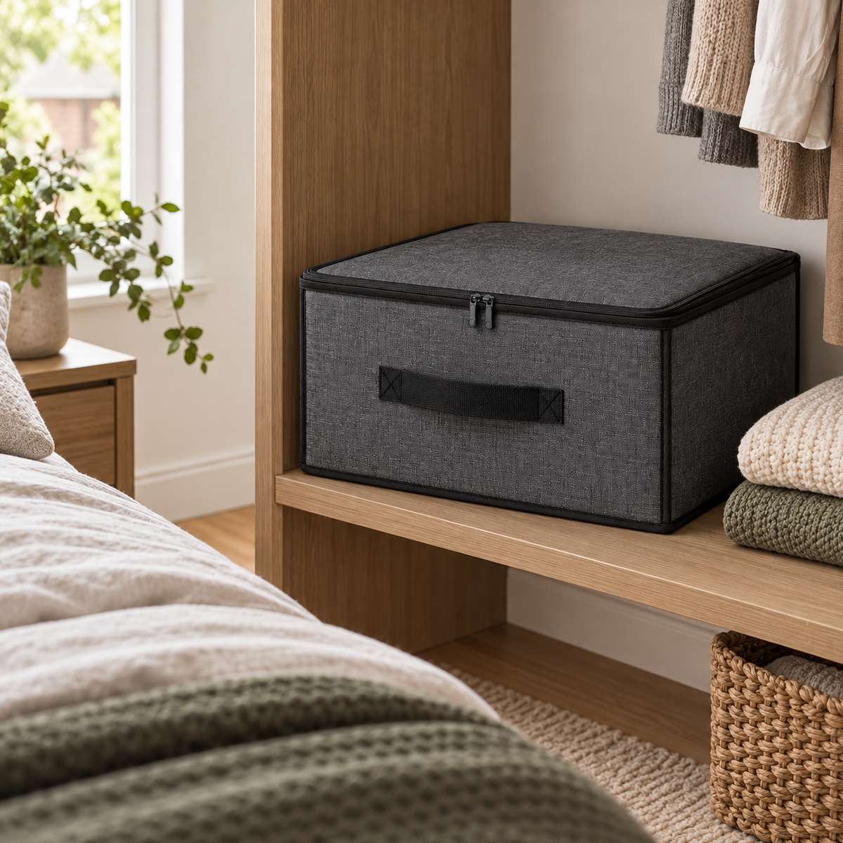 Charcoal Structured Wardrobe Storage Bag, Narrow in a bedroom setting