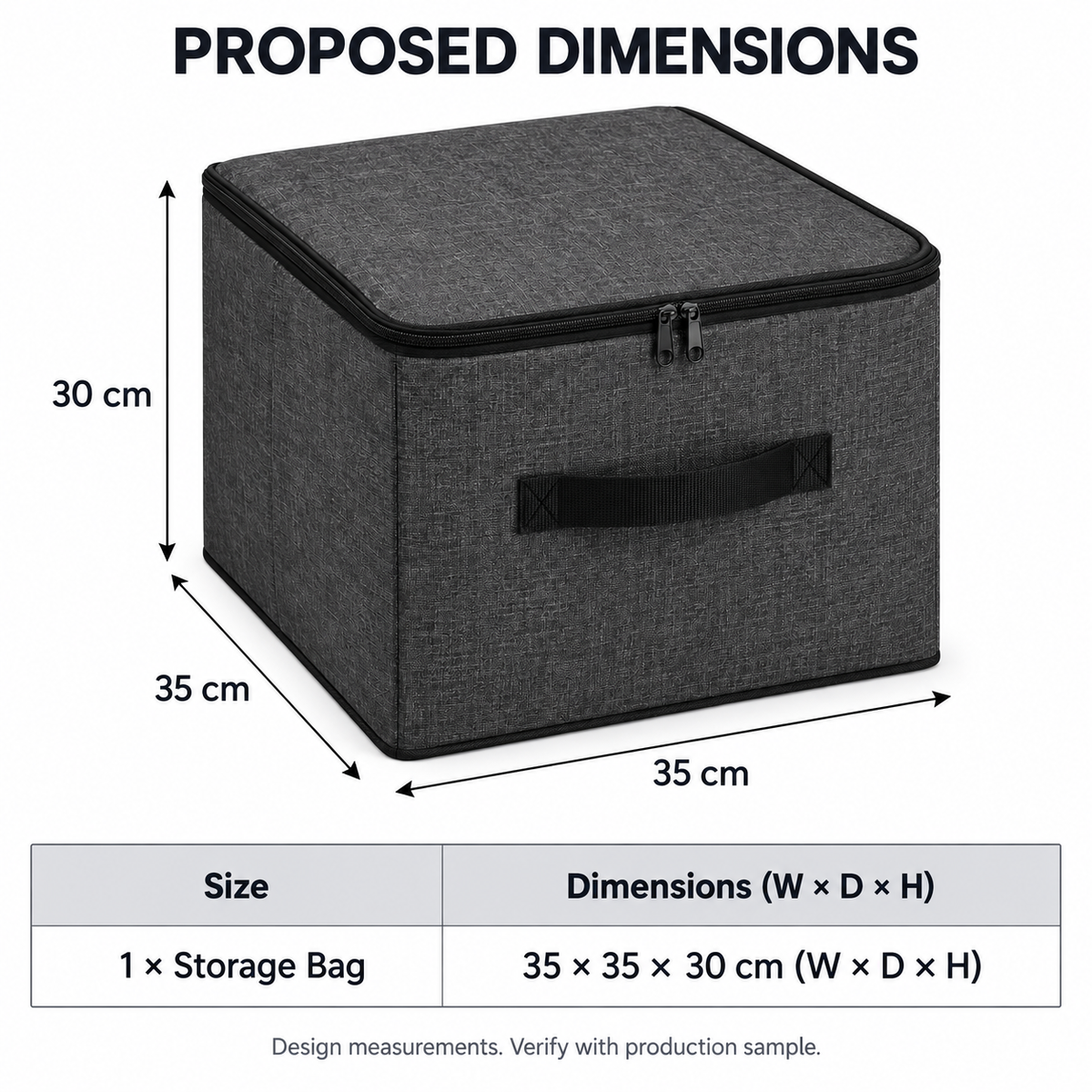 Charcoal Structured Wardrobe Storage Bag, Square with proposed dimensions