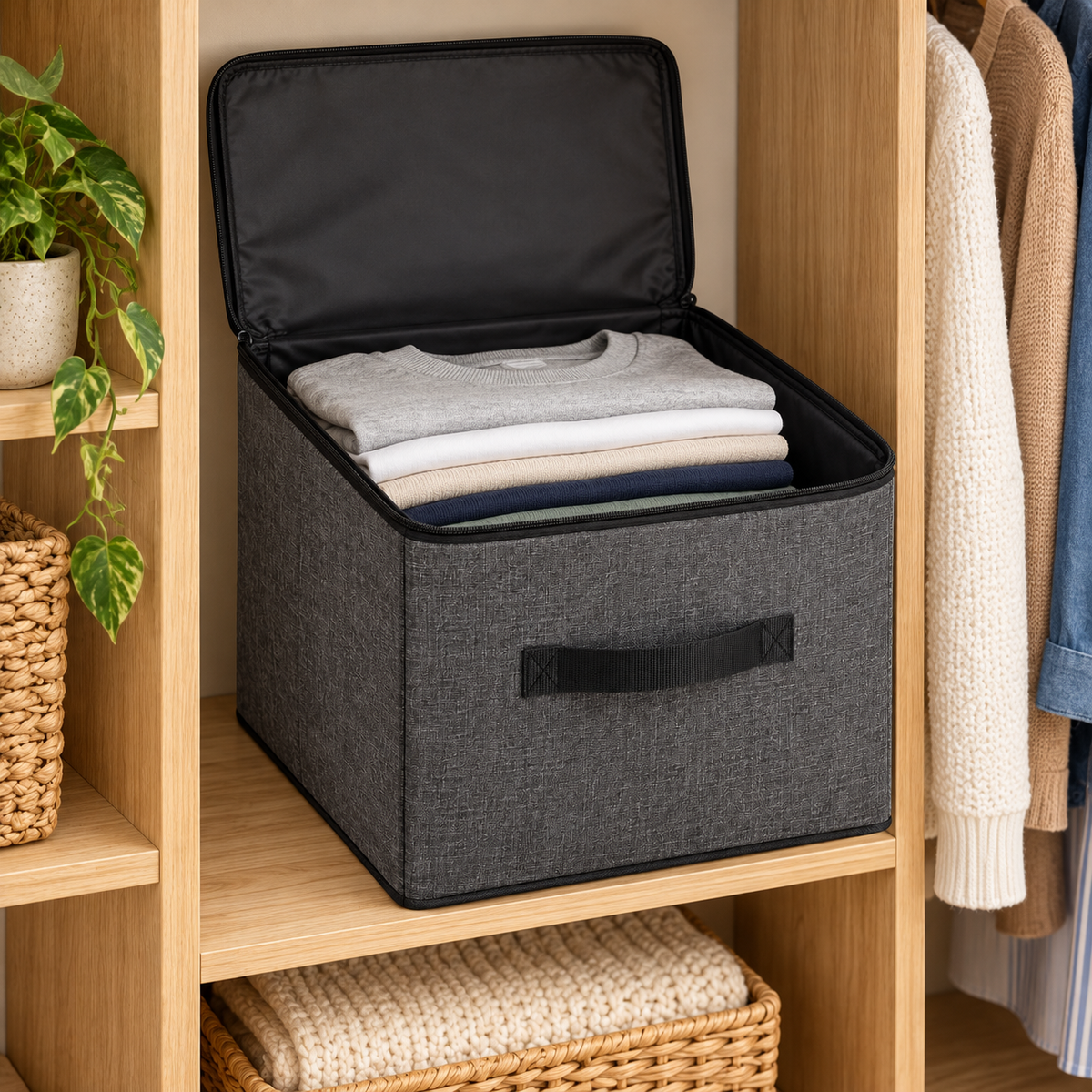 Charcoal Structured Wardrobe Storage Bag, Square in a wardrobe setting