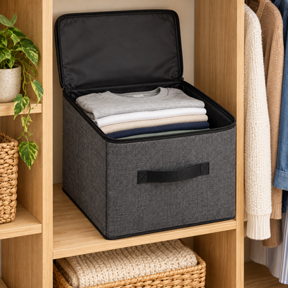 Charcoal Structured Wardrobe Storage Bag, Square in a wardrobe setting