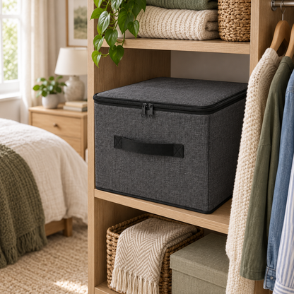 Charcoal Structured Wardrobe Storage Bag, Square in a bedroom setting