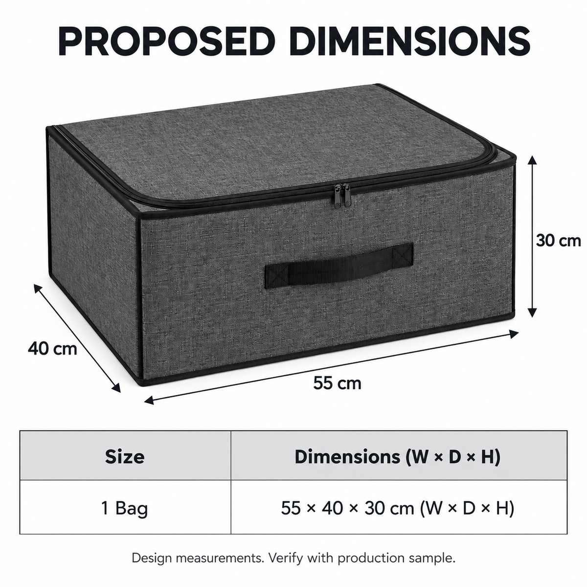 Charcoal Structured Wardrobe Storage Bag, Wide with proposed dimensions
