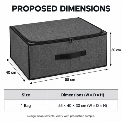 Charcoal Structured Wardrobe Storage Bag, Wide with proposed dimensions