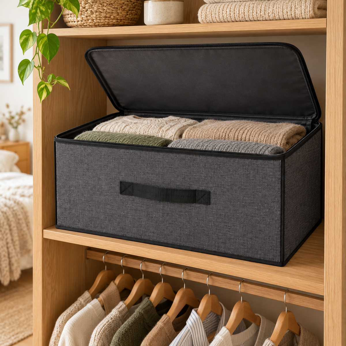 Charcoal Structured Wardrobe Storage Bag, Wide in a wardrobe setting