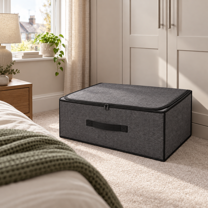 Charcoal Structured Wardrobe Storage Bag, Wide in a bedroom setting